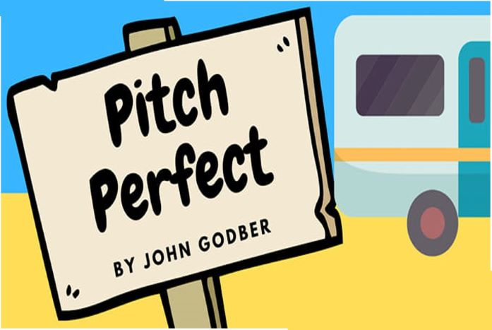 Perfect Pitch by John Godber poster, cartoon wooden sign and caravan on a beach background