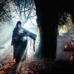 The ghost of Christmas Yet to Come stood in a graveyard surrounded by smoke pointing at Scrooge, A Christmas Carol