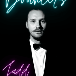 Promotional photo of Jud from Bouncers surrounded by neon text