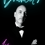 Promotional photo of Les from Bouncers surrounded by neon text