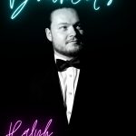 Promotional photo of Ralph from Bouncers surrounded by neon text